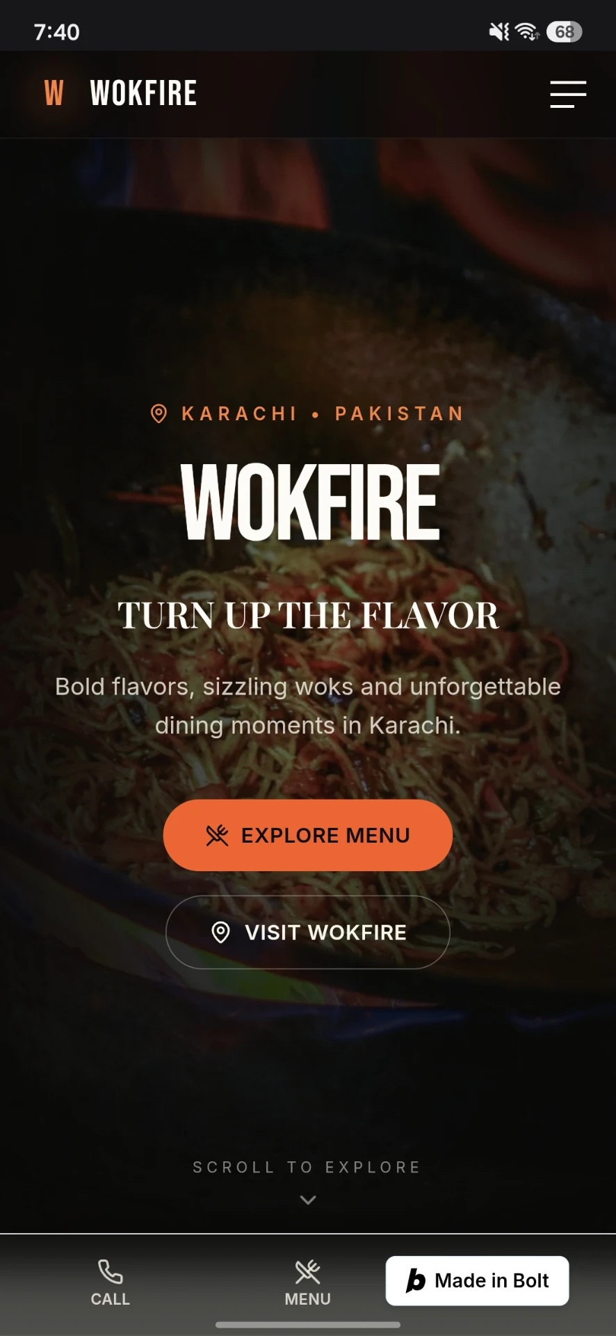 WOKFIRE RESTAURANT shown on a mobile screen — mobile-responsive website development by Quantiva Solutions